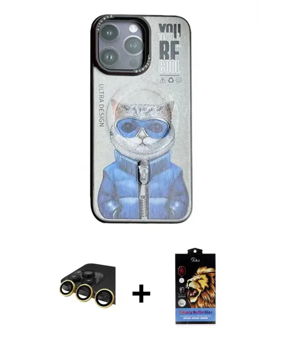 ieg™ iPhone 14 Pro Max Kılıf Siluet Modern Özel Seri - Siyah Buffer Hayalet Cam Ekran Koruyucu + Raze Metal Kamera Lens - GD