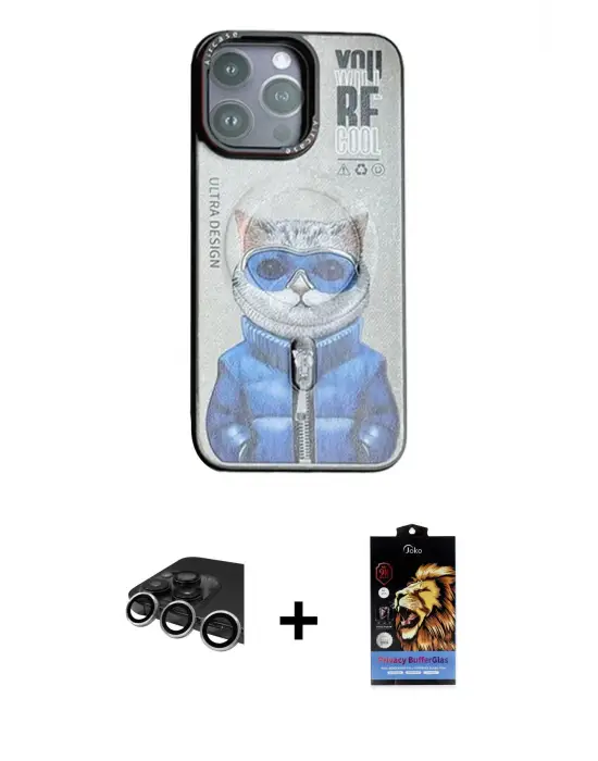 ieg™ iPhone 14 Pro Max Kılıf Siluet Modern Özel Seri - Siyah Buffer Hayalet Cam Ekran Koruyucu + Raze Metal Kamera Lens - GS