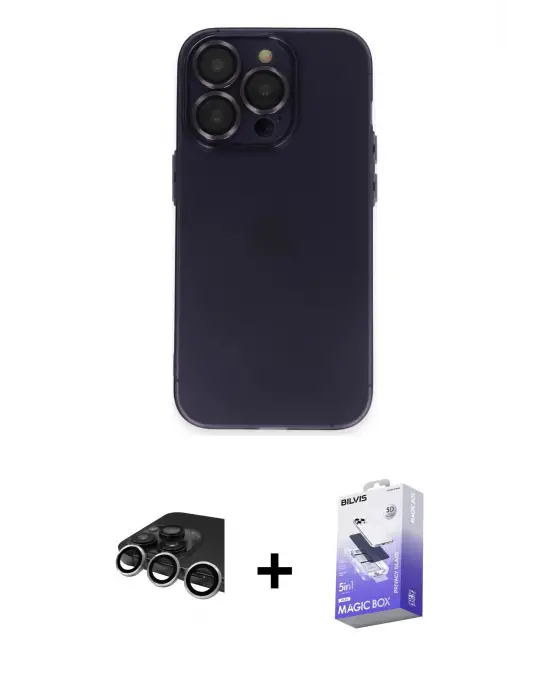ieg™ iPhone 14 Pro Max Kılıf Ufuk Minimal Özel Seri - Siyah Bilvis 5in1 5D Magic Hayalet Cam Ekran Koruyucu + Raze Metal Kamera Lens - GS