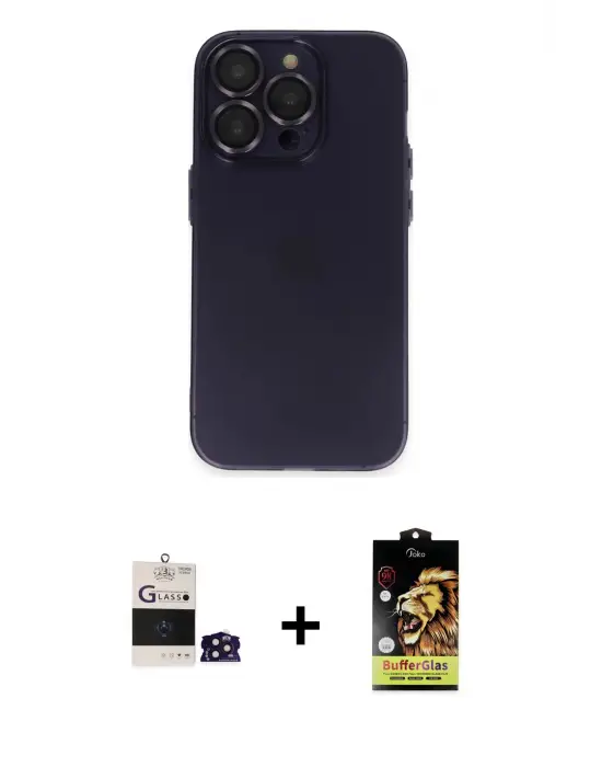ieg™ iPhone 14 Pro Max Kılıf Ufuk Minimal Özel Seri - Siyah Buffer Cam Ekran Koruyucu + Bilvis Titan Kamera Lens - DNMR