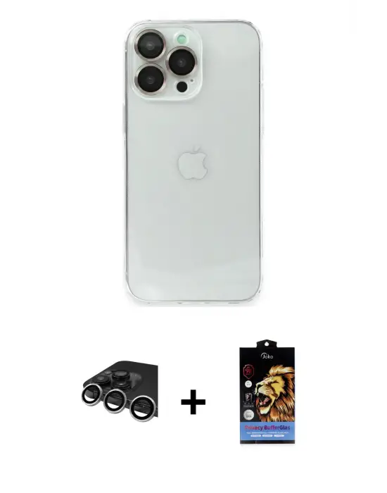ieg™ iPhone 14 Pro Max Kılıf Ufuk Minimal Özel Seri - Siyah Buffer Hayalet Cam Ekran Koruyucu + Raze Metal Kamera Lens - GS
