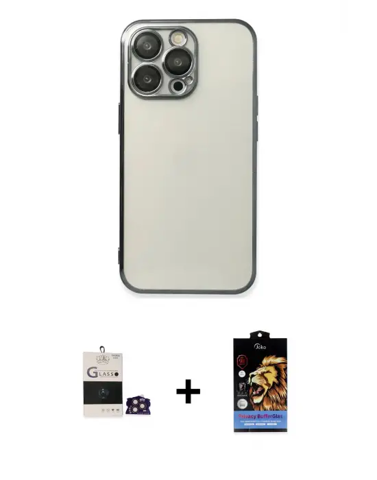 ieg™ iPhone 14 Pro Max Kılıf Vadi Minimal - Siyah Buffer Hayalet Cam Ekran Koruyucu + Bilvis Titan Kamera Lens - GD
