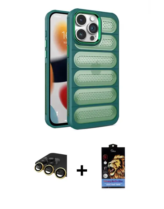 ieg™ iPhone 14 Pro Max Kılıf Yadigar Doku Özel Seri - Siyah Buffer Hayalet Cam Ekran Koruyucu + Raze Metal Kamera Lens - GD