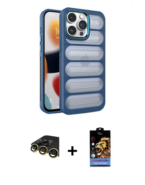 ieg™ iPhone 14 Pro Max Kılıf Yadigar Doku Özel Seri - Siyah Buffer Hayalet Cam Ekran Koruyucu + Raze Metal Kamera Lens - GD