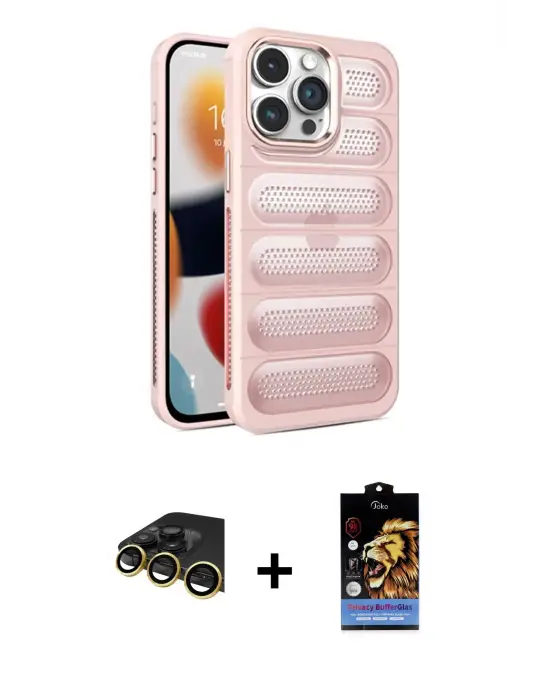 ieg™ iPhone 14 Pro Max Kılıf Yadigar Doku Özel Seri - Siyah Buffer Hayalet Cam Ekran Koruyucu + Raze Metal Kamera Lens - GD