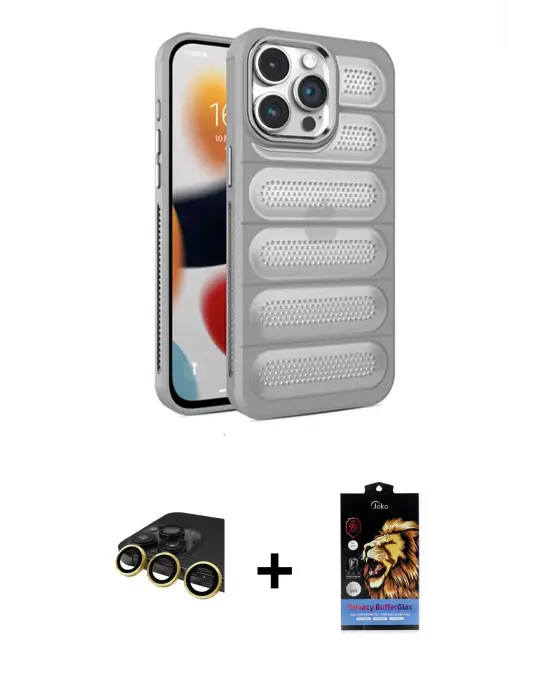 ieg™ iPhone 14 Pro Max Kılıf Yadigar Doku Özel Seri - Siyah Buffer Hayalet Cam Ekran Koruyucu + Raze Metal Kamera Lens - GD
