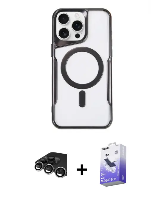 ieg™ iPhone 14 Pro Max Kılıf Yadigar Klasik Özel Seri - Siyah Bilvis 5in1 5D Magic Hayalet Cam Ekran Koruyucu + Raze Metal Kamera Lens - GS