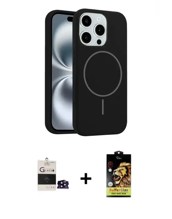 ieg™ iPhone 14 Pro Max Kılıf Yankı Form Serisi - Siyah Buffer Cam Ekran Koruyucu + Bilvis Titan Kamera Lens - SH