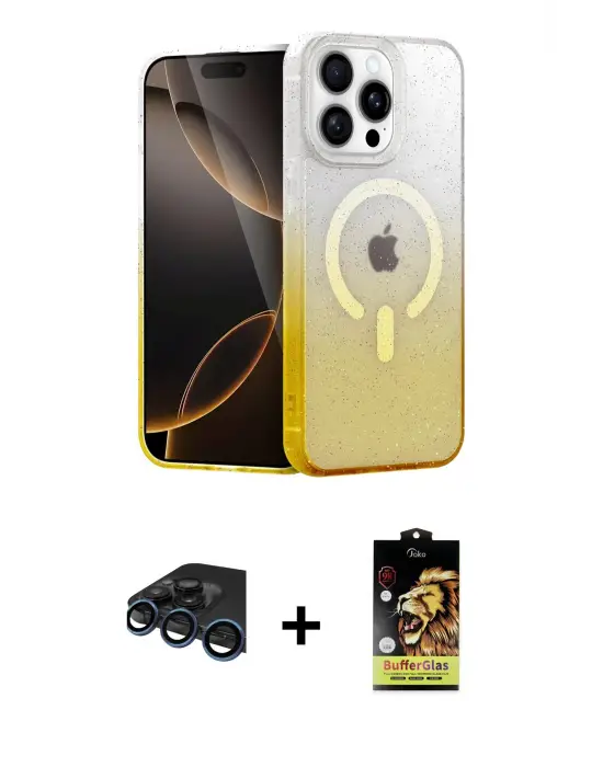 ieg™ iPhone 15 Pro Kılıf Eksen Minimal Özel Seri - Siyah Buffer Cam Ekran Koruyucu + Raze Metal Kamera Lens - LT