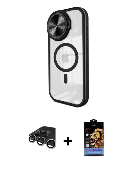 ieg™ iPhone 15 Pro Kılıf Kıvılcım Modern Koleksiyonu - Siyah Buffer Hayalet Cam Ekran Koruyucu + Raze Metal Kamera Lens - GS
