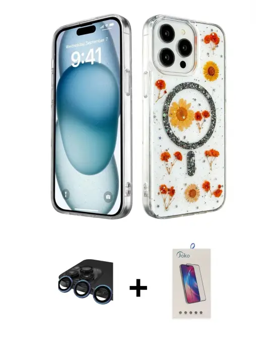 ieg™ iPhone 15 Pro Kılıf Kozmos Doku - Siyah Joko 5D Cam + Raze Metal Kamera Lens - LT