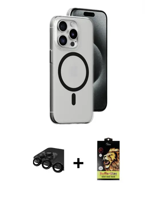 ieg™ iPhone 15 Pro Kılıf Odak Form Özel Seri - Siyah Buffer Cam Ekran Koruyucu + Raze Metal Kamera Lens - SH
