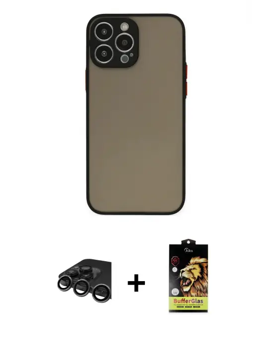 ieg™ iPhone 15 Pro Max Kılıf Ahenk Çizgi Serisi - Siyah Buffer Cam Ekran Koruyucu + Raze Metal Kamera Lens - TMGI