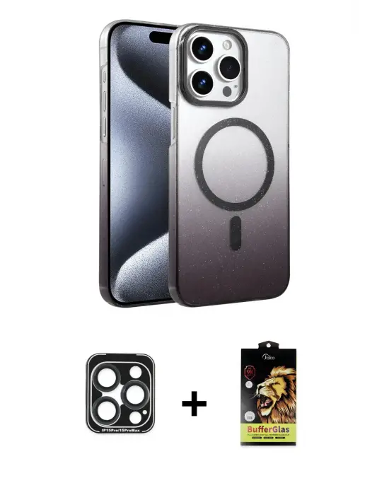 ieg™ iPhone 15 Pro Max Kılıf Ahenk Doku Özel Seri - Siyah Buffer Cam Ekran Koruyucu + PVD Metal Kamera Lens - LT