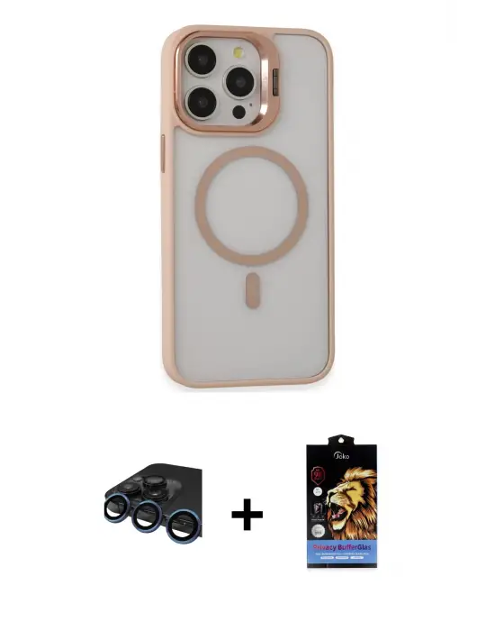ieg™ iPhone 15 Pro Max Kılıf Ahenk Klasik Özel Seri - Siyah Buffer Hayalet Cam Ekran Koruyucu + Raze Metal Kamera Lens - LT