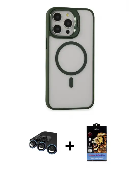 ieg™ iPhone 15 Pro Max Kılıf Ahenk Klasik Özel Seri - Siyah Buffer Hayalet Cam Ekran Koruyucu + Raze Metal Kamera Lens - LT