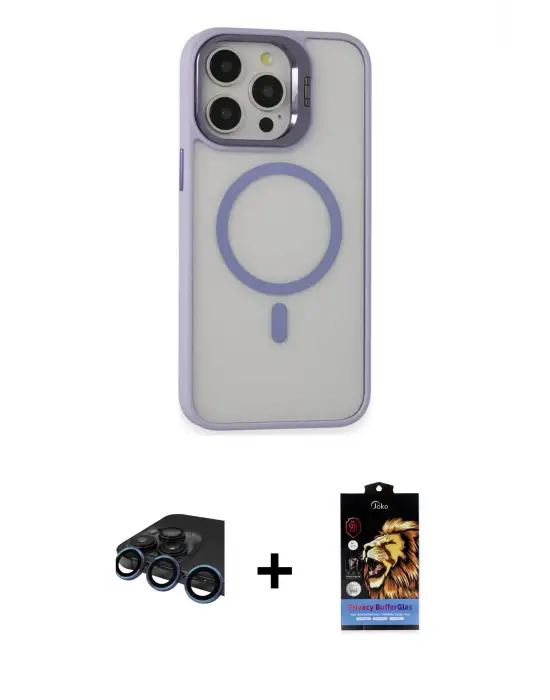ieg™ iPhone 15 Pro Max Kılıf Ahenk Klasik Özel Seri - Siyah Buffer Hayalet Cam Ekran Koruyucu + Raze Metal Kamera Lens - LT
