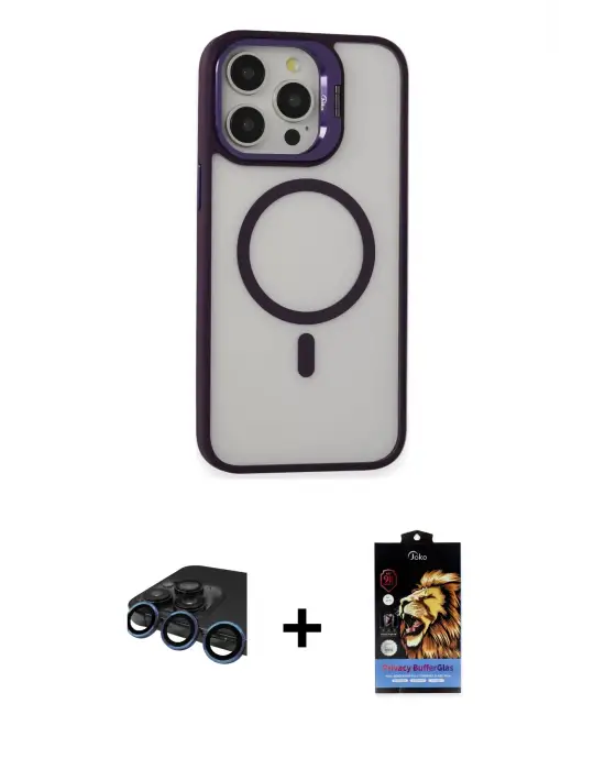 ieg™ iPhone 15 Pro Max Kılıf Ahenk Klasik Özel Seri - Siyah Buffer Hayalet Cam Ekran Koruyucu + Raze Metal Kamera Lens - LT