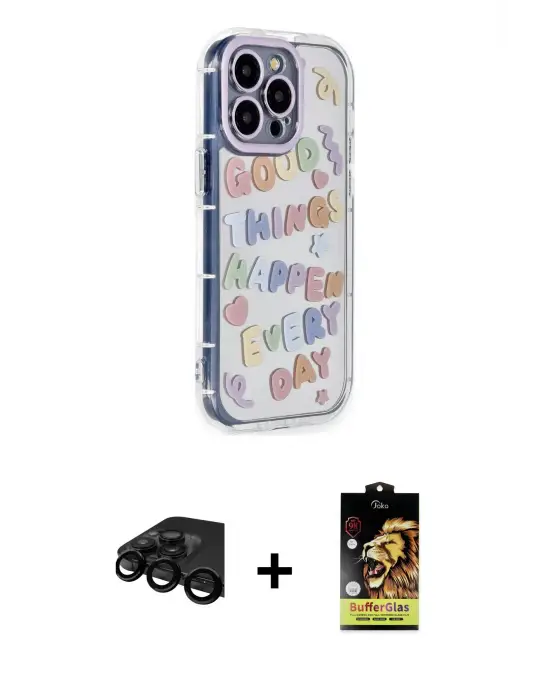 ieg™ iPhone 15 Pro Max Kılıf Ahenk Modern Serisi - Siyah Buffer Cam Ekran Koruyucu + Raze Metal Kamera Lens - SH