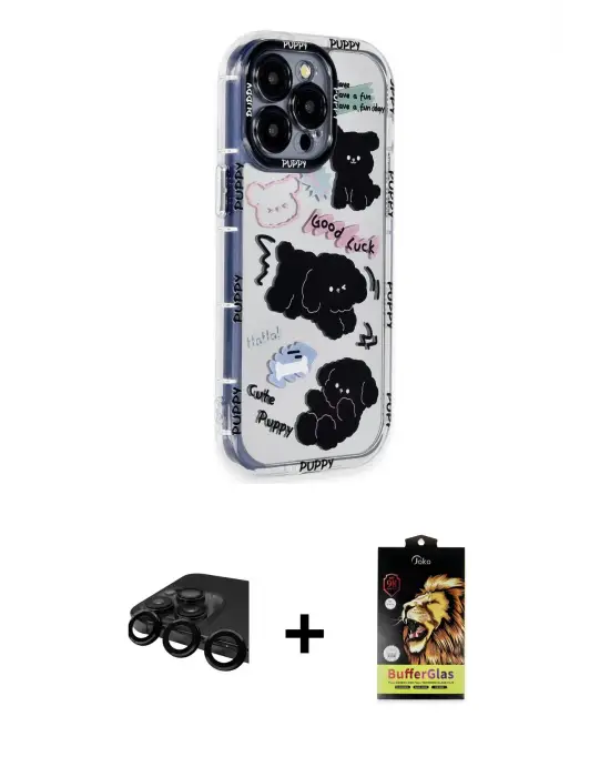 ieg™ iPhone 15 Pro Max Kılıf Ahenk Modern Serisi - Siyah Buffer Cam Ekran Koruyucu + Raze Metal Kamera Lens - SH