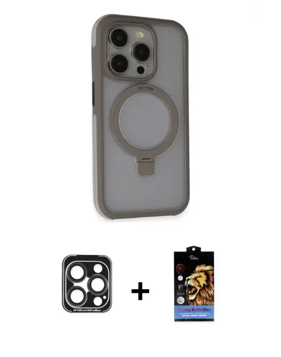 ieg™ iPhone 15 Pro Max Kılıf Ahenk Yansıma Özel Seri - Siyah Buffer Hayalet Cam Ekran Koruyucu + PVD Metal Kamera Lens - LT