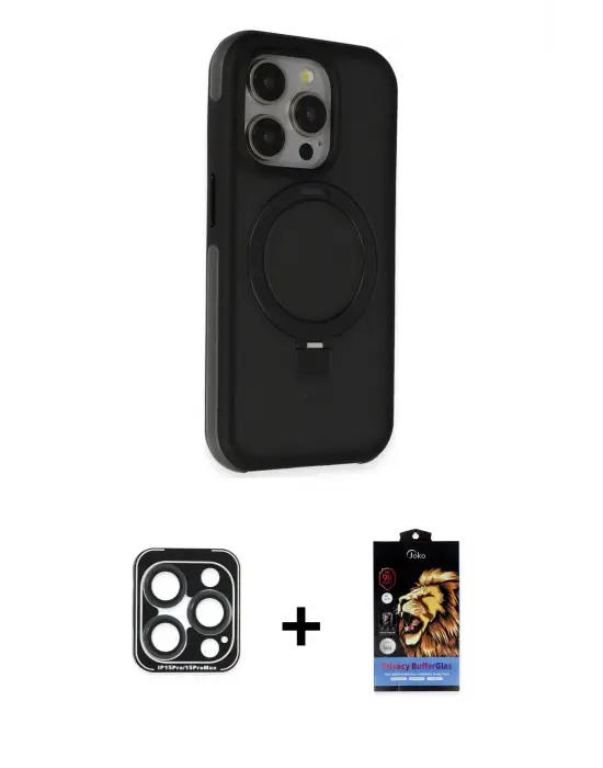 ieg™ iPhone 15 Pro Max Kılıf Ahenk Yansıma Özel Seri - Siyah Buffer Hayalet Cam Ekran Koruyucu + PVD Metal Kamera Lens - LT