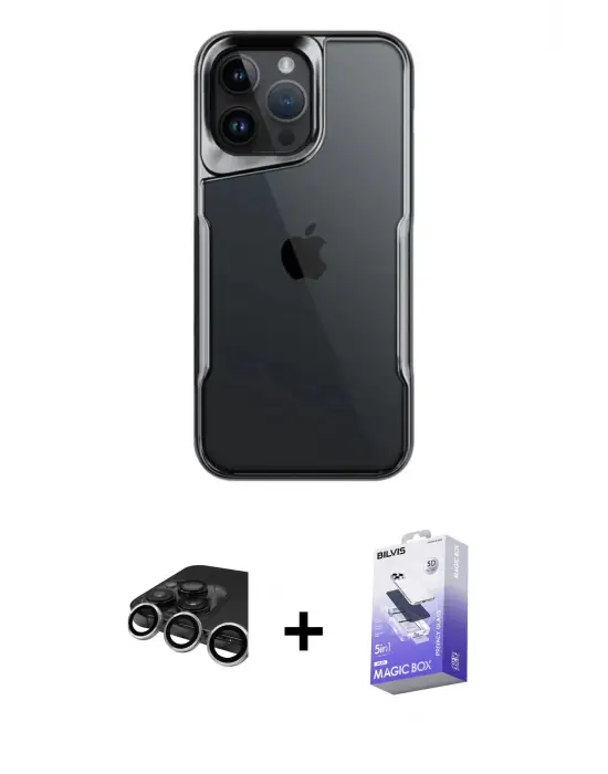 ieg™ iPhone 15 Pro Max Kılıf Akış Çizgi Koleksiyonu - Siyah Bilvis 5in1 5D Magic Hayalet Cam Ekran Koruyucu + Raze Metal Kamera Lens - GS