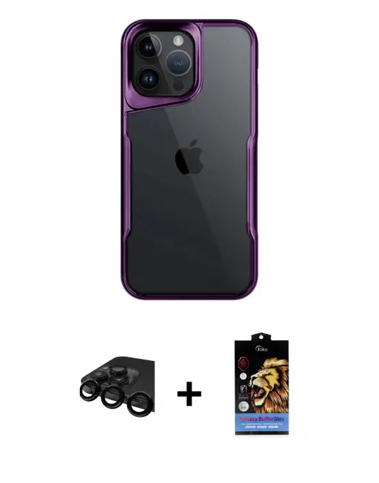 ieg™ iPhone 15 Pro Max Kılıf Akış Çizgi Koleksiyonu - Siyah Buffer Hayalet Cam Ekran Koruyucu + Raze Metal Kamera Lens - SH