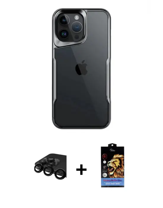 ieg™ iPhone 15 Pro Max Kılıf Akış Çizgi Koleksiyonu - Siyah Buffer Hayalet Cam Ekran Koruyucu + Raze Metal Kamera Lens - SH
