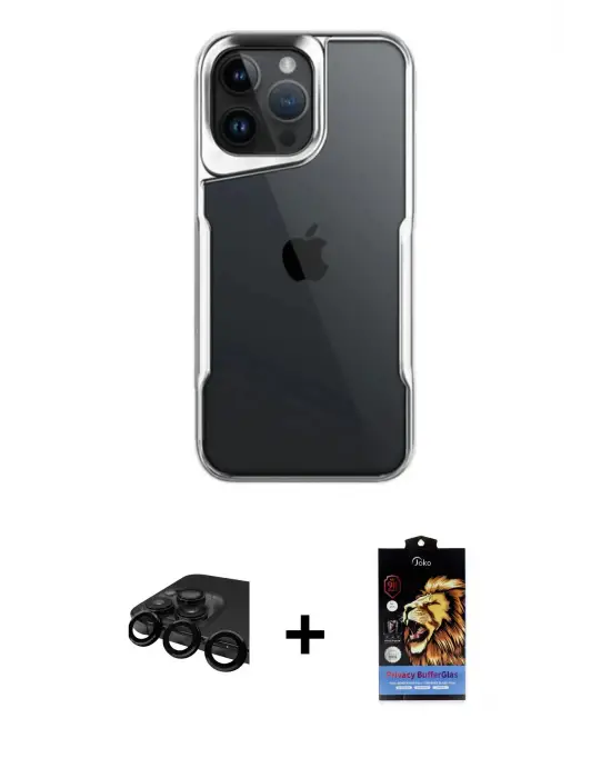 ieg™ iPhone 15 Pro Max Kılıf Akış Çizgi Koleksiyonu - Siyah Buffer Hayalet Cam Ekran Koruyucu + Raze Metal Kamera Lens - SH
