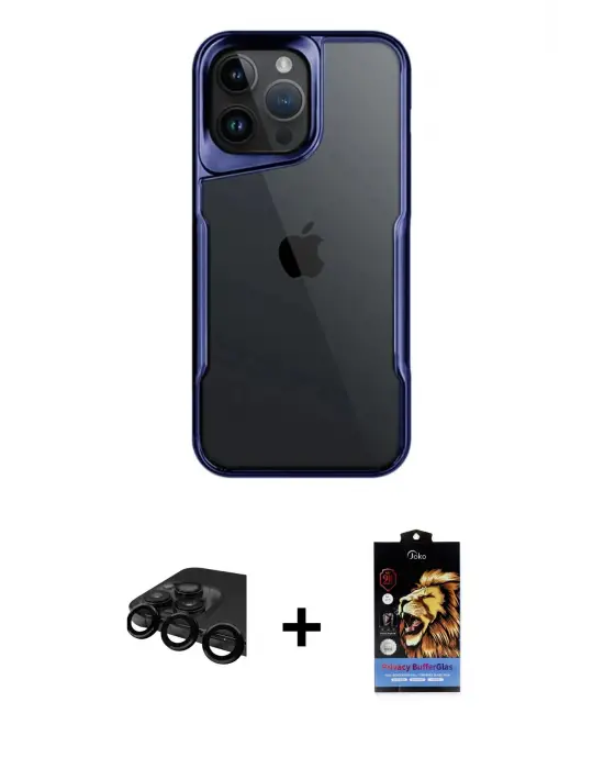 ieg™ iPhone 15 Pro Max Kılıf Akış Çizgi Koleksiyonu - Siyah Buffer Hayalet Cam Ekran Koruyucu + Raze Metal Kamera Lens - SH