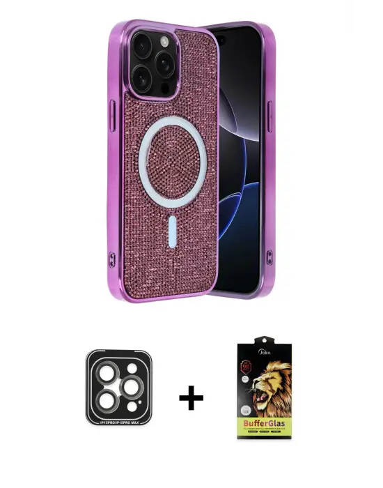 ieg™ iPhone 15 Pro Max Kılıf Eksen Çizgi - Siyah Buffer Cam Ekran Koruyucu + PVD Metal Kamera Lens - GI