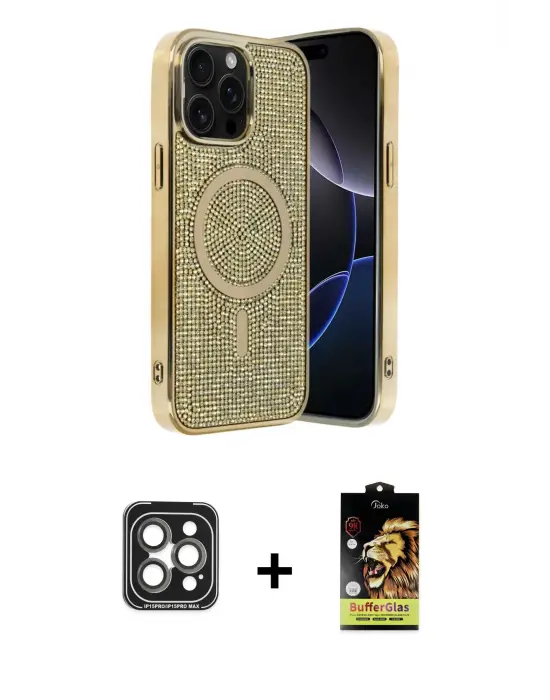 ieg™ iPhone 15 Pro Max Kılıf Eksen Çizgi - Siyah Buffer Cam Ekran Koruyucu + PVD Metal Kamera Lens - GI