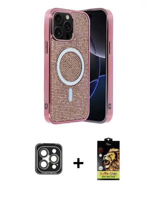 ieg™ iPhone 15 Pro Max Kılıf Eksen Çizgi - Siyah Buffer Cam Ekran Koruyucu + PVD Metal Kamera Lens - GI