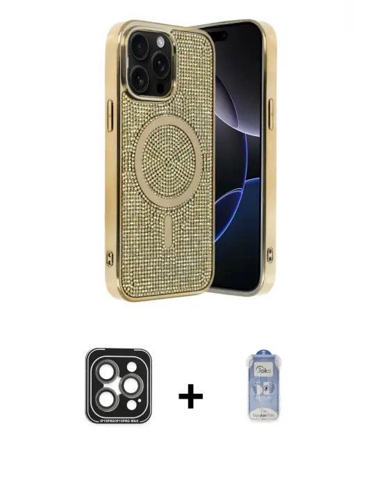 ieg™ iPhone 15 Pro Max Kılıf Eksen Çizgi - Siyah Joko Magic 5D Cam + PVD Metal Kamera Lens - GI