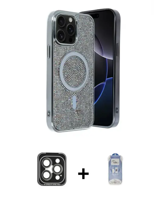 ieg™ iPhone 15 Pro Max Kılıf Eksen Çizgi - Siyah Joko Magic 5D Cam + PVD Metal Kamera Lens - GI