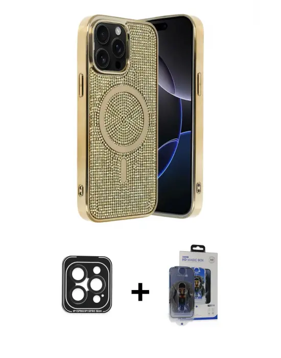 ieg™ iPhone 15 Pro Max Kılıf Eksen Çizgi - Siyah Vanessa Magic Cam + PVD Metal Kamera Lens - SH