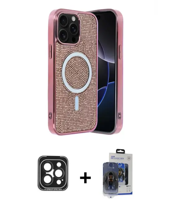ieg™ iPhone 15 Pro Max Kılıf Eksen Çizgi - Siyah Vanessa Magic Cam + PVD Metal Kamera Lens - SH