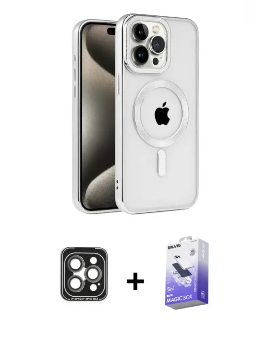 ieg™ iPhone 15 Pro Max Kılıf Eksen Form Koleksiyonu - Siyah Bilvis 5in1 5D Magic Hayalet Cam Ekran Koruyucu + PVD Metal Kamera Lens - GI