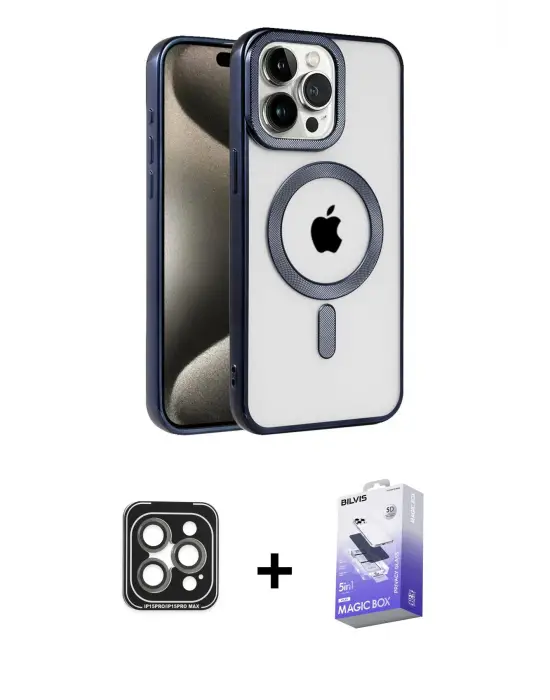 ieg™ iPhone 15 Pro Max Kılıf Eksen Form Koleksiyonu - Siyah Bilvis 5in1 5D Magic Hayalet Cam Ekran Koruyucu + PVD Metal Kamera Lens - GI