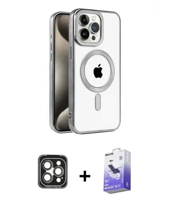 ieg™ iPhone 15 Pro Max Kılıf Eksen Form Koleksiyonu - Siyah Bilvis 5in1 5D Magic Hayalet Cam Ekran Koruyucu + PVD Metal Kamera Lens - GI
