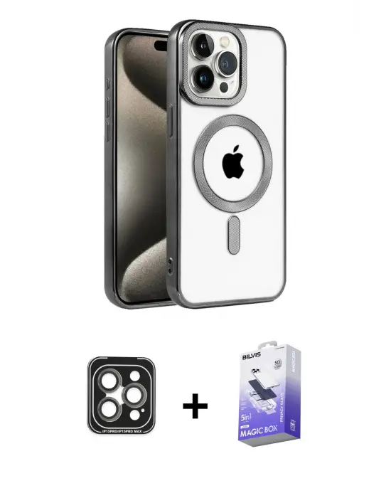 ieg™ iPhone 15 Pro Max Kılıf Eksen Form Koleksiyonu - Siyah Bilvis 5in1 5D Magic Hayalet Cam Ekran Koruyucu + PVD Metal Kamera Lens - GI