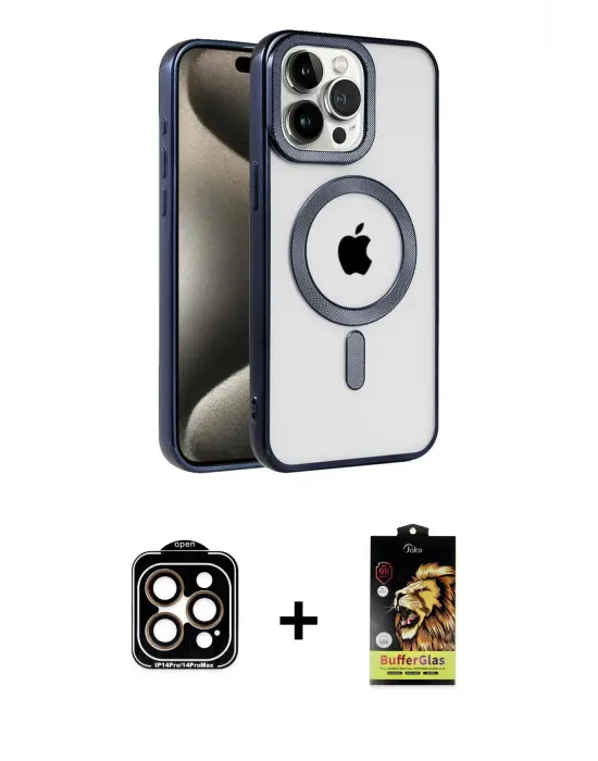 ieg™ iPhone 15 Pro Max Kılıf Eksen Form Koleksiyonu - Siyah Buffer Cam Ekran Koruyucu + PVD Metal Kamera Lens - TU