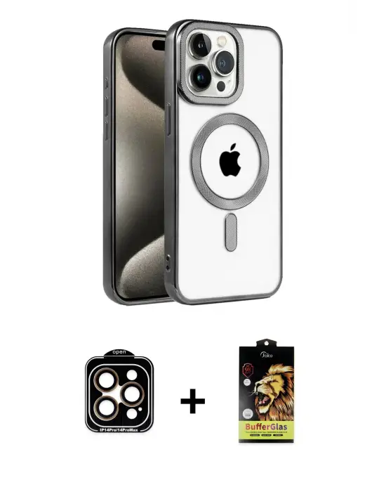 ieg™ iPhone 15 Pro Max Kılıf Eksen Form Koleksiyonu - Siyah Buffer Cam Ekran Koruyucu + PVD Metal Kamera Lens - TU