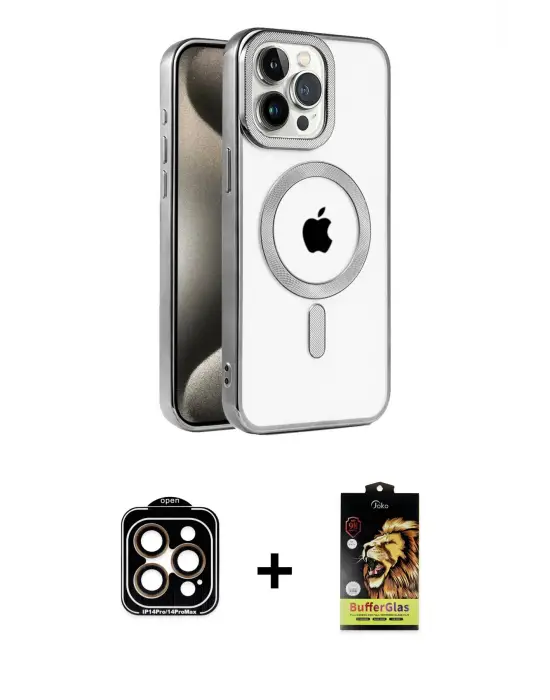 ieg™ iPhone 15 Pro Max Kılıf Eksen Form Koleksiyonu - Siyah Buffer Cam Ekran Koruyucu + PVD Metal Kamera Lens - TU