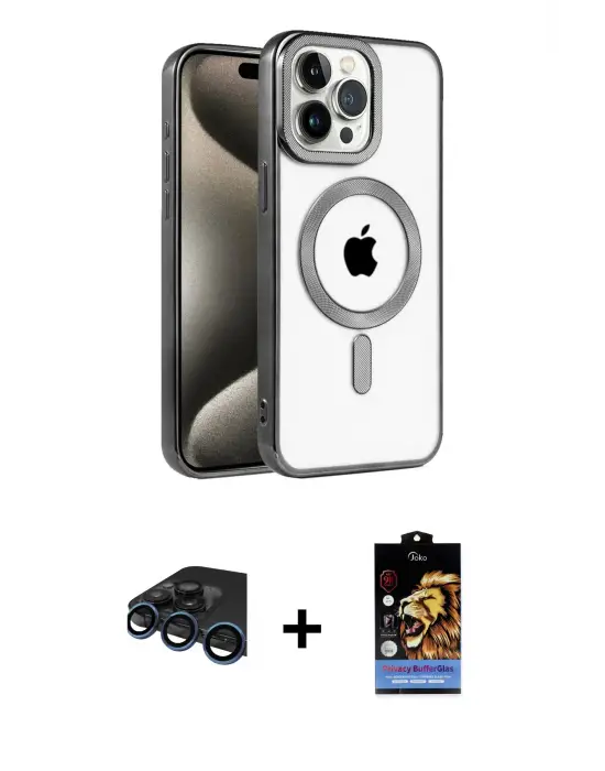 ieg™ iPhone 15 Pro Max Kılıf Eksen Form Koleksiyonu - Siyah Buffer Hayalet Cam Ekran Koruyucu + Raze Metal Kamera Lens - LT