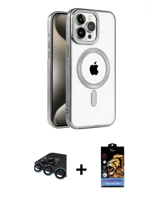 ieg™ iPhone 15 Pro Max Kılıf Eksen Form Koleksiyonu - Siyah Buffer Hayalet Cam Ekran Koruyucu + Raze Metal Kamera Lens - LT