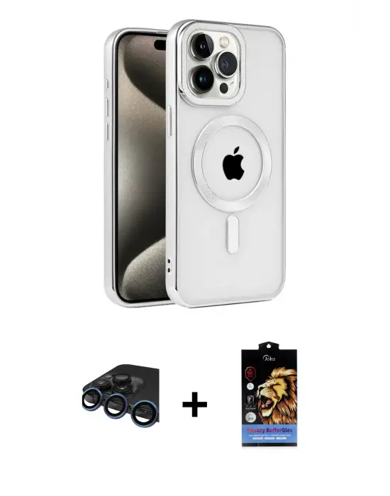 ieg™ iPhone 15 Pro Max Kılıf Eksen Form Koleksiyonu - Siyah Buffer Hayalet Cam Ekran Koruyucu + Raze Metal Kamera Lens - LT