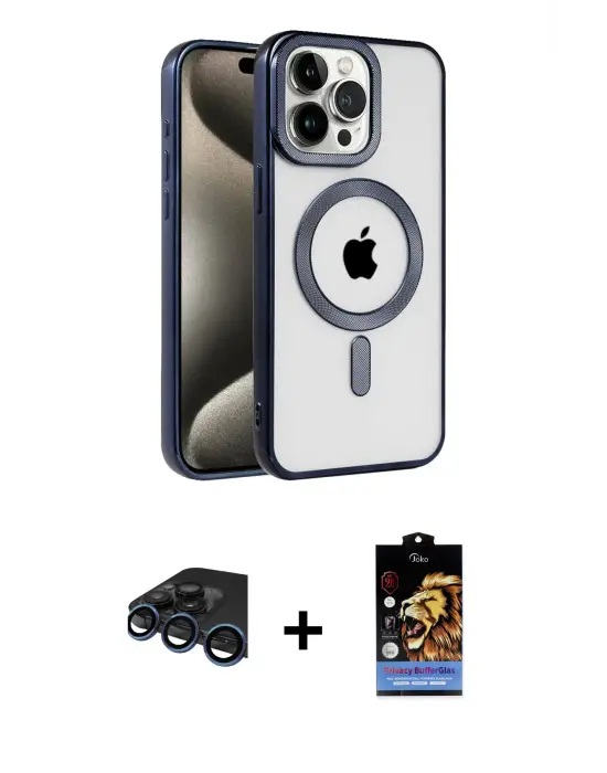 ieg™ iPhone 15 Pro Max Kılıf Eksen Form Koleksiyonu - Siyah Buffer Hayalet Cam Ekran Koruyucu + Raze Metal Kamera Lens - LT