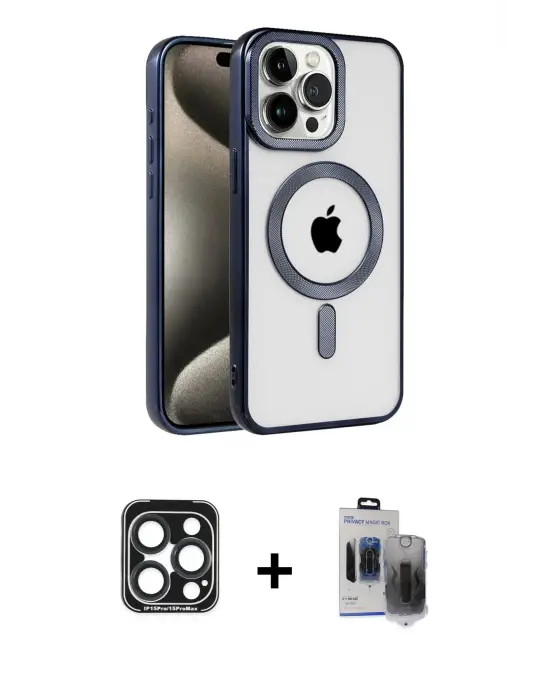 ieg™ iPhone 15 Pro Max Kılıf Eksen Form Koleksiyonu - Siyah Vanessa Magic Hayalet Cam + PVD Metal Kamera Lens - LT